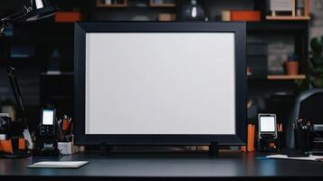 Blank white frame on a desk with a computer and other office supplies photo