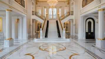 Luxurious mansion interior with grand marble staircase photo