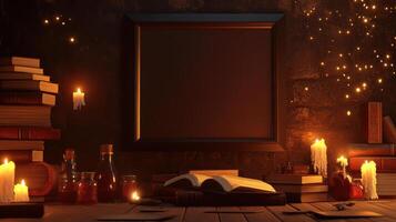 cozy study room with glowing candles and books photo