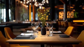 Elegant restaurant table setting with flowers and glassware photo