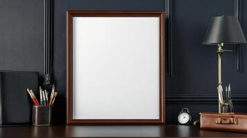 Empty frame on desk with stationery and lamp photo