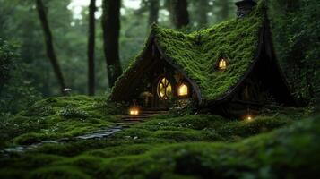 Magical cottage nestled in lush forest with mossy roof photo