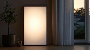 Large vertical picture frame with glowing white center in room photo