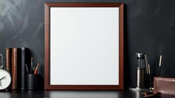 Empty frame on desk with office supplies and clock photo