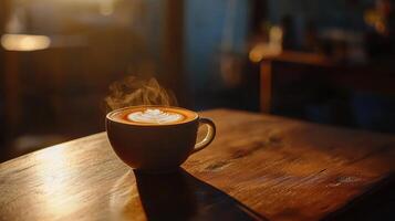 Steaming latte art in cup on wooden table photo