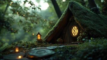 A small house in the woods with a lantern photo