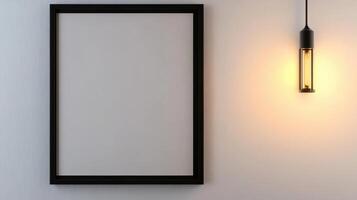 A black frame hanging on a wall with a light bulb photo
