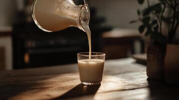 Fresh milk being poured into glass on wooden table photo