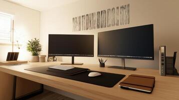 Minimalist home office setup with dual monitors and desk photo