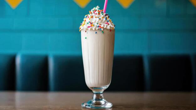 A milkshake with sprinkles and a pink straw photo