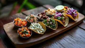 A wooden tray with tacos on it photo