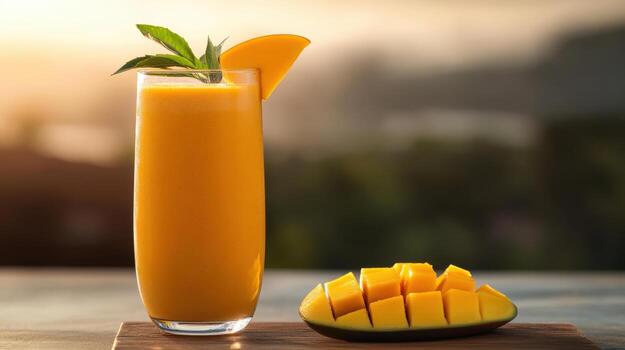 Fresh mango juice in tall glass with mango slices photo