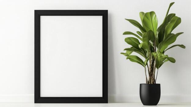A black frame with a plant in front of it photo