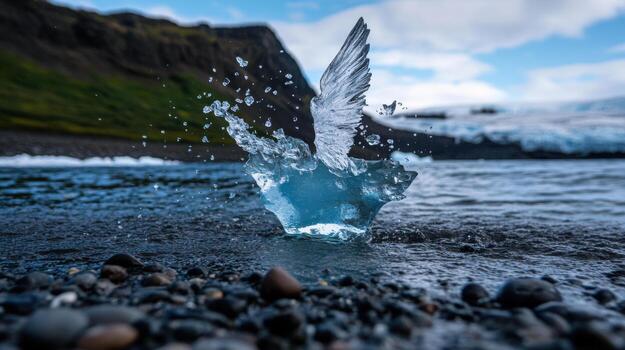 splash of ice in serene landscape with mountains photo