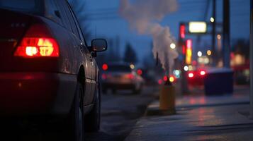 car parked near gas station with visible emissions at night photo