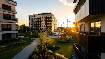 modern cityscape with renewable energy sources at sunset photo