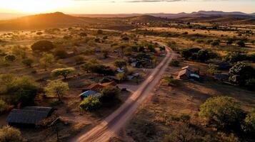 Aerial view of peaceful rural community at sunset photo