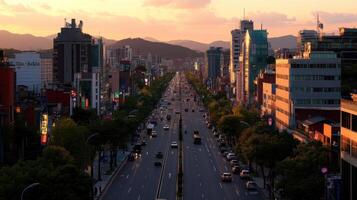 vibrant city street at sunset with bustling traffic and buildings photo