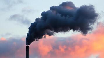 Dark smoke billowing from factory chimney against sunset photo
