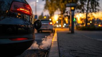 car emitting exhaust fumes at sunset, highlighting pollution photo