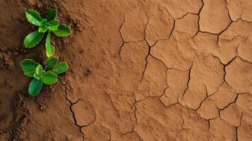 New plants growing in dry, cracked soil, symbolizing resilience photo