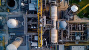 Aerial view of large scale energy plant with pipelines and photo