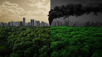 city skyline divided by pollution and lush forest photo
