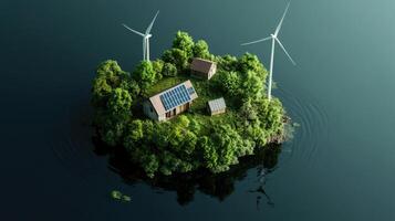 An island with a house and wind turbines on it photo