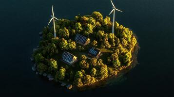 small island with solar homes and wind turbines surrounded by photo