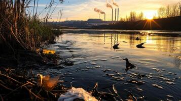 polluted river with industrial waste and sunset view photo