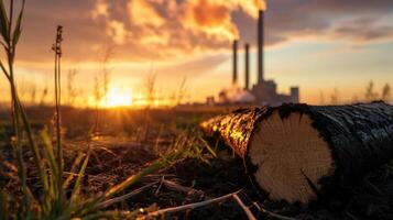 A log in the foreground with smoke coming out of the chimney photo