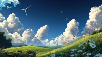 An anime landscape with wind turbines and clouds photo