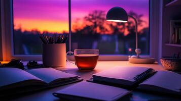 A desk with a cup of tea and a notebook photo