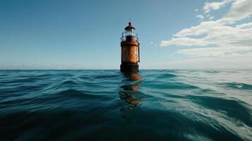 Old lighthouse standing in calm water under clear sky photo