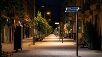 empty street in sustainable city with solar lights photo