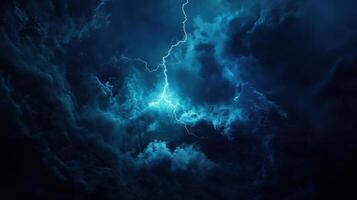 Intense lightning storm illuminating dark clouds at night photo