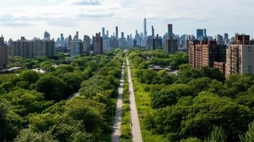 Lush greenery contrasts with urban skyline in vibrant cityscape photo