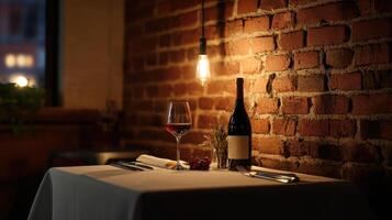 intimate restaurant table with wine and soft lighting photo