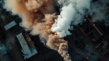 An aerial view of smoke coming out of a factory photo