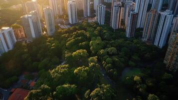 Aerial view of city with green spaces and tall buildings photo