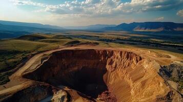 Aerial view of vast open pit mine surrounded by mountains photo