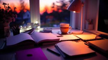 A desk with a lamp, notebook, coffee cup and pen photo