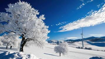 winter landscape with wind turbines and snow covered trees photo