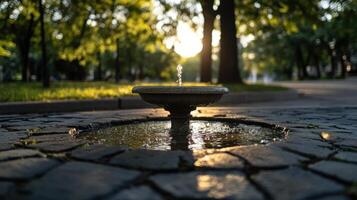 dry water fountain surrounded by trees at sunset photo