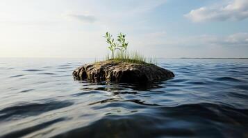 small island with grass and plants emerging from water photo