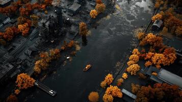 An aerial view of a river with boats in the fall photo