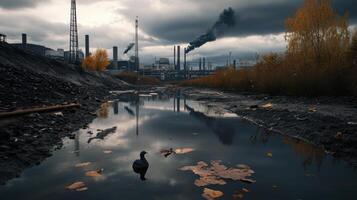 Dark polluted river in industrial town with smoke stacks photo