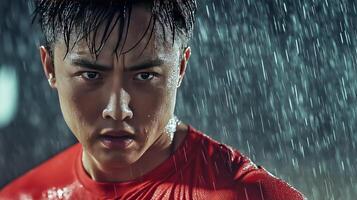 Determined Asian athlete standing in the rain, wearing a red shirt and looking upward with focus and resilience. Concept of strength and perseverance photo