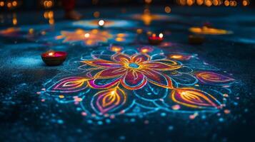 Bright rangoli design with glowing patterns, symbolizing tradition, beauty, and festivity for Hindu celebrations photo