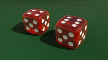 Two red dice with white dots on a green table. Close-up for design and print. Gambling and gaming concept. photo